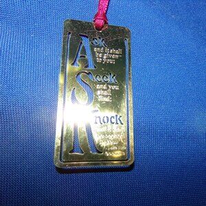 Vintage Dicksons Gold Tone Metal Cutout Religious Divided Bookmark w/ Red Ribbon